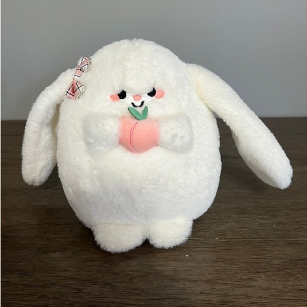 Kawaii Chubby Bunny with Bow Holding Peach Plush